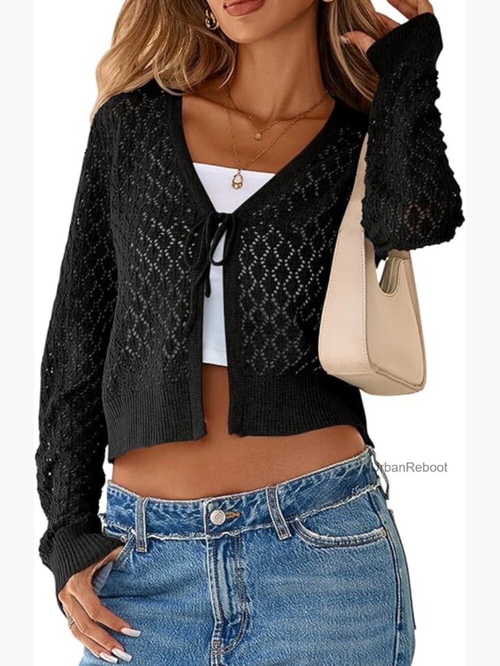 Crochet Tie Front Cropped Shrug Cardigan Long Sleeve Knit Top